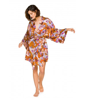 Gorgeous, kimono-style dressing gown with a vibrant flower motif on an ochre background
