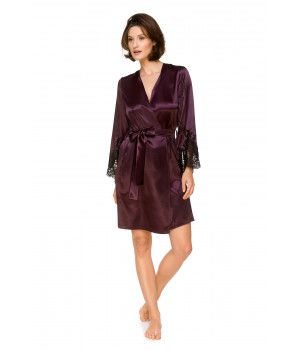 Dressing gown cut above the knee with flared sleeves, satin and lace  - Coemi-lingerie