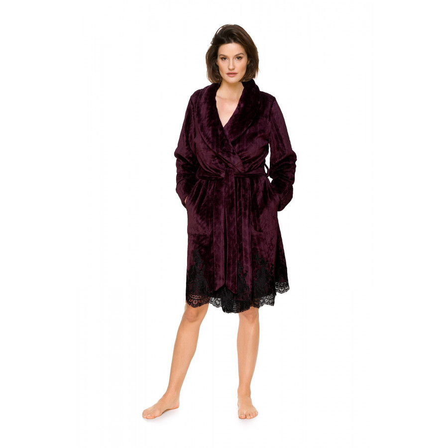 Pretty little mid-length dressing gown in velvet fabric with a geometric motif and lace - Coemi-lingerie