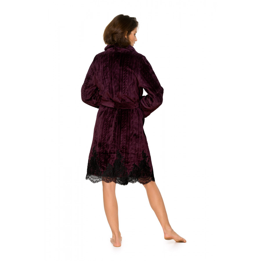 Pretty little mid-length dressing gown in velvet fabric with a geometric motif and lace - Coemi-lingerie