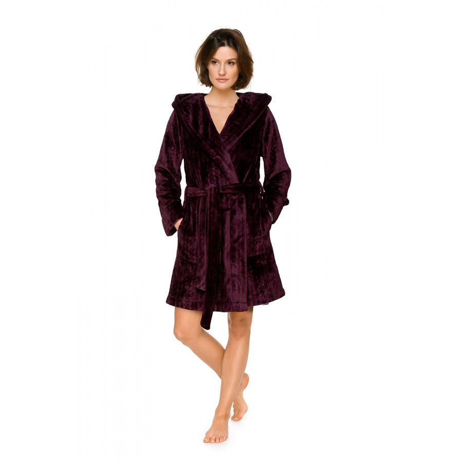 Pretty mid-length dressing gown in velvety fabric with a shawl collar and wide hood - Coemi-lingerie