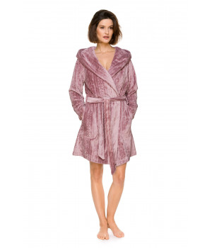 Pretty mid-length dressing gown in velvety fabric with a shawl collar and wide hood - Coemi-lingerie