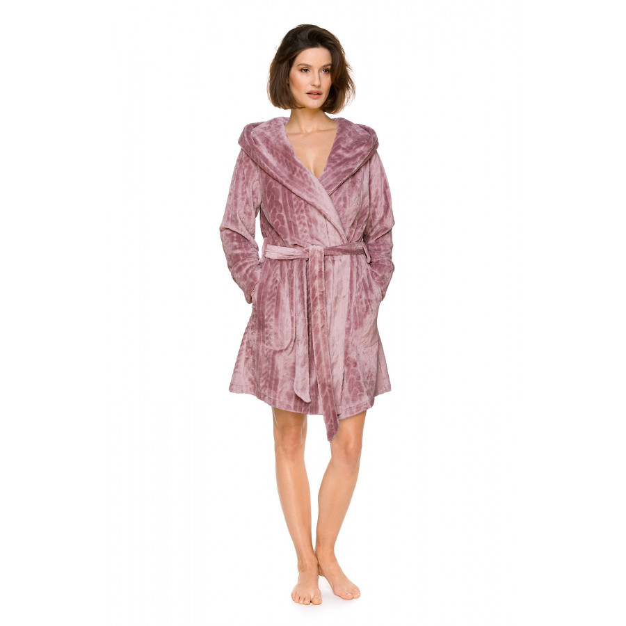 Pretty mid-length dressing gown in velvety fabric with a shawl collar and wide hood - Coemi-lingerie