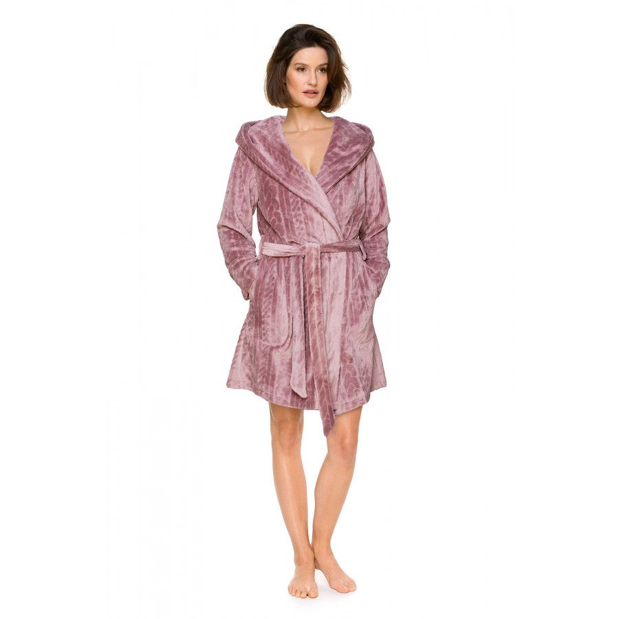 Schöner halblanger Morgenmantel aus Velours mit Schalkragen und Kapuze - Coemi-lingerie Schöner halblanger Morgenmantel aus Velours mit Schalkragen und Kapuze - Coemi-lingerie