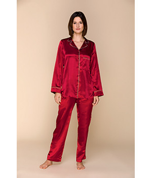 Satin pyjamas, shirt-style top with edging around the collar, pockets and sleeves - Coemi-lingerie