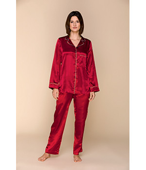 Satin pyjamas, shirt-style top with edging around the collar, pockets and sleeves