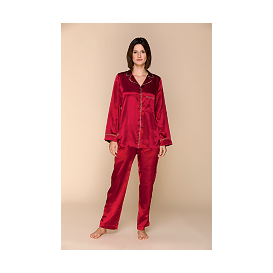 Satin pyjamas, shirt-style top with edging around the collar, pockets and sleeves - Coemi-lingerie