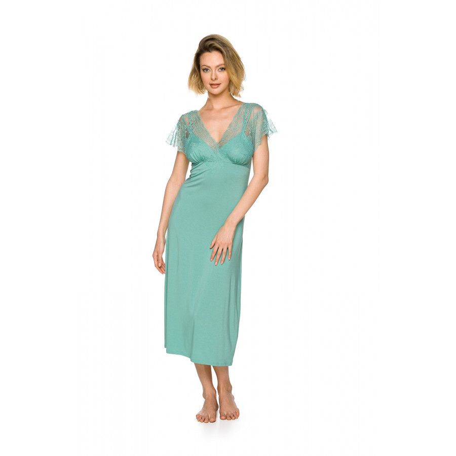 Longue chemise de nuit arrivant aux mollets, manches courtes ourlées de dentelle - Coemi-lingerie Longue chemise de nuit arrivant aux mollets, manches courtes ourlées de dentelle - Coemi-lingerie