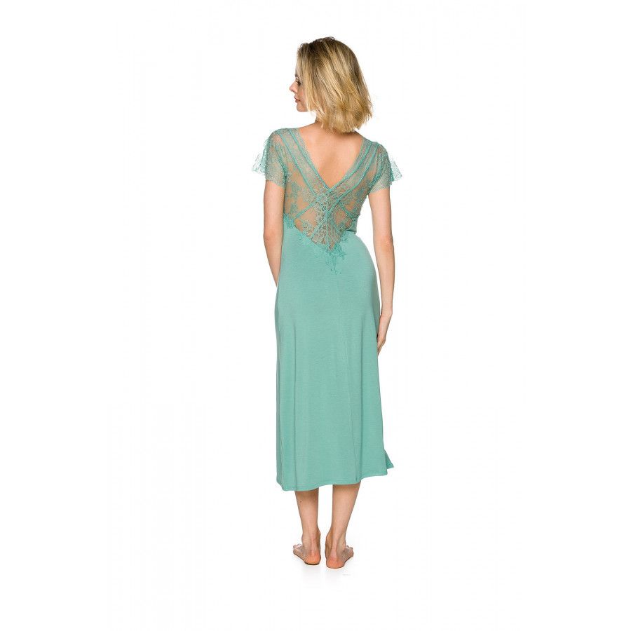 Longue chemise de nuit  arrivant aux mollets, manches courtes ourlées de dentelle - Coemi-lingerie