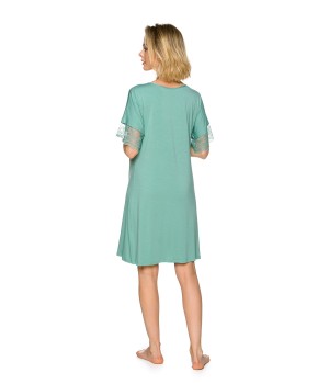 Red fitted nightdress with round neck and wide lace sleeve trim