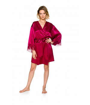 Pretty little kimono-style dressing gown in silky satin with batwing sleeves and lace - Coemi-lingerie