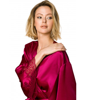 Pretty little kimono-style dressing gown in silky satin with batwing sleeves and lace - Coemi-lingerie