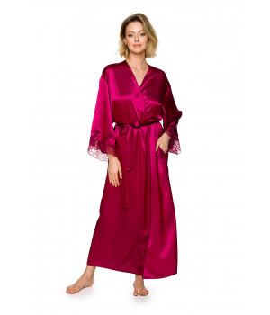 Maxi dressing gown in silky satin and lace with long, loose-fitting sleeves trimmed with lace