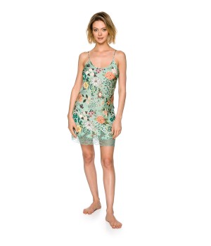 Camisón de viscosa verde con estampado primaveral y tirantes ajustables