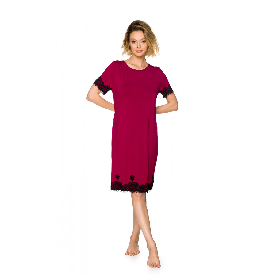 Short-sleeved, tunic-style, mid-length nightdress in micromodal and lace  - Coemi-lingerie