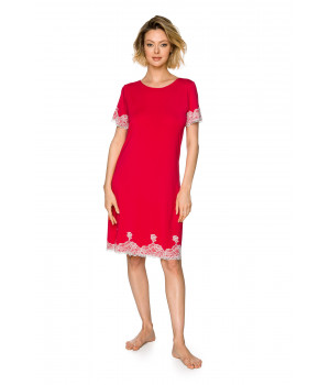 Short-sleeved, tunic-style, mid-length nightdress in micromodal and lace