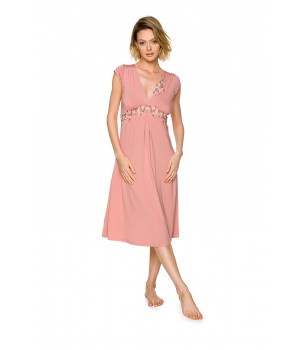 Elegant, sleeveless, mid-length, micromodal nightdress with a V-neck and embroidery on the bust