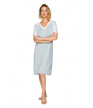 Flowing, mid-length nightdress with short sleeves lined with lace and a V-neck - Coemi-lingerie