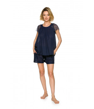 Midnight blue nightwear outfit in cotton and lace with a short-sleeve blouse-style top and shorts - Coemi-lingerie