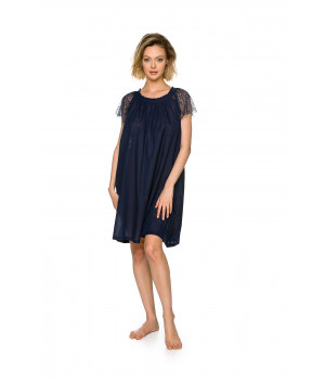 Chemise de nuit/robe d'intérieur ample 100% coton bleu nuit emmanchures en dentelle