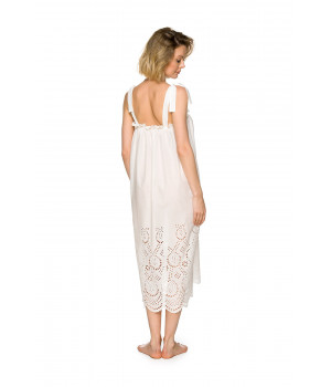 Langes Nachthemd in Weiß aus 100 % Baumwolle mit englischer Stickerei und geknoteten Trägern auf den Schultern - Coemi-lingerie 