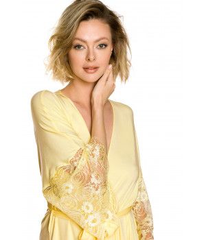 Déshabille mi-long en micromodal jaune tendre, manches longues en dentelle - Coemi-lingerie