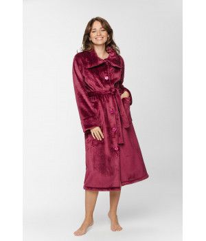 Long bathrobe in burgundy velvet with a large shirt-like collar, button fastening and belt - XS/S to 5XL - Coemi-Lingerie