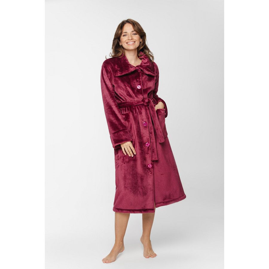 Long bathrobe in burgundy velvet with a large shirt-like collar, button fastening and belt - XS/S to 5XL - Coemi-Lingerie Long bathrobe in burgundy velvet with a large shirt-like collar, button fastening and belt - XS/S to 5XL - Coemi-Lingerie