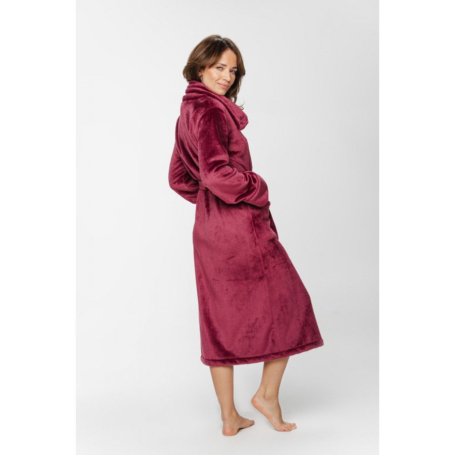 Long bathrobe in burgundy velvet with a large shirt-like collar, button fastening and belt - XS/S to 5XL - Coemi-Lingerie