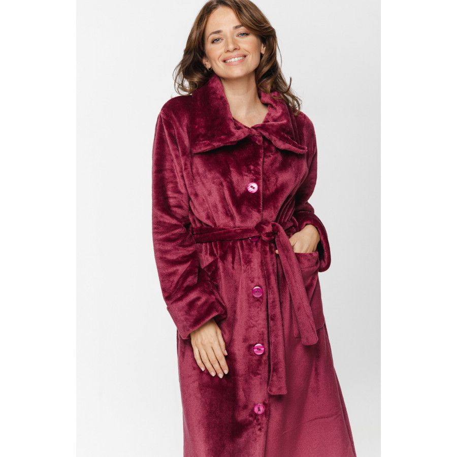 Long bathrobe in burgundy velvet with a large shirt-like collar, button fastening and belt - XS/S to 5XL - Coemi-Lingerie