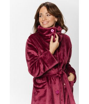 Long bathrobe in burgundy velvet with a large shirt-like collar, button fastening and belt - XS/S to 5XL - Coemi-Lingerie