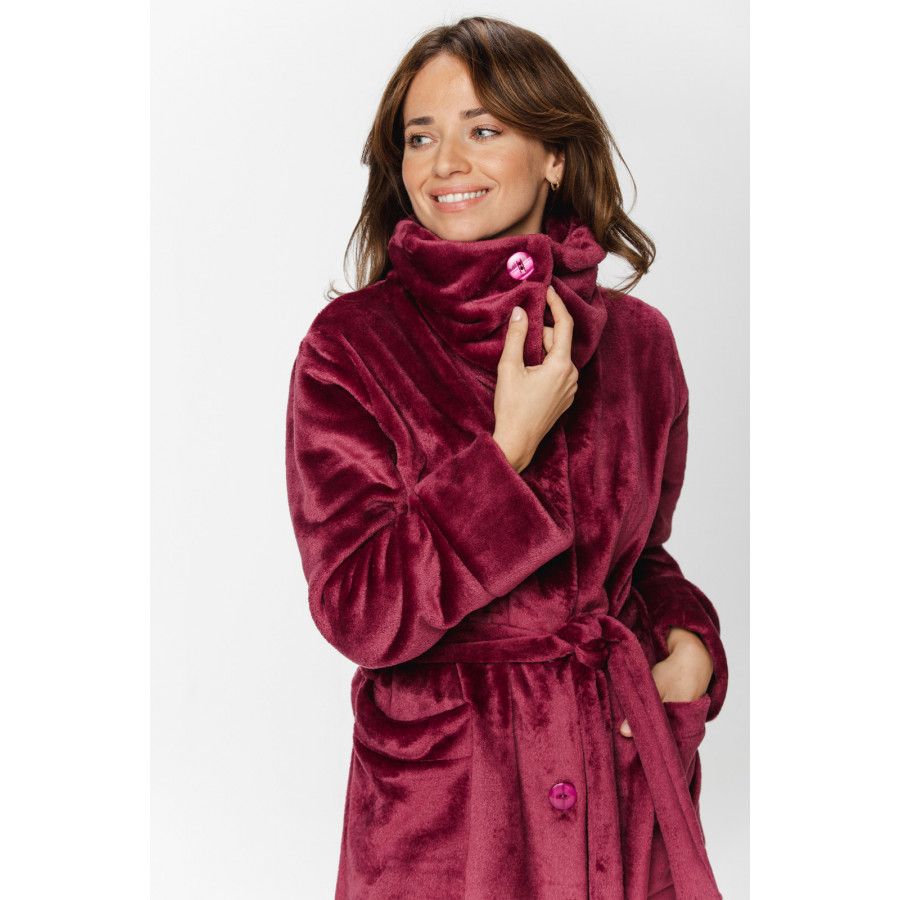 Long bathrobe in burgundy velvet with a large shirt-like collar, button fastening and belt - XS/S to 5XL - Coemi-Lingerie