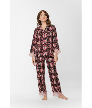 Ensemble pyjama haut chemise boutonnée en viscose soyeux motif cachemire et dentelle coordonnée