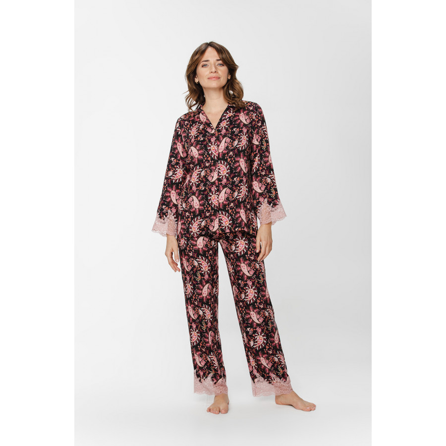 Zweiteiliger Pyjama aus seidenweicher Viskose mit Kaschmir-Print und farblich abgestimmter Spitze, Hemd-Oberteil