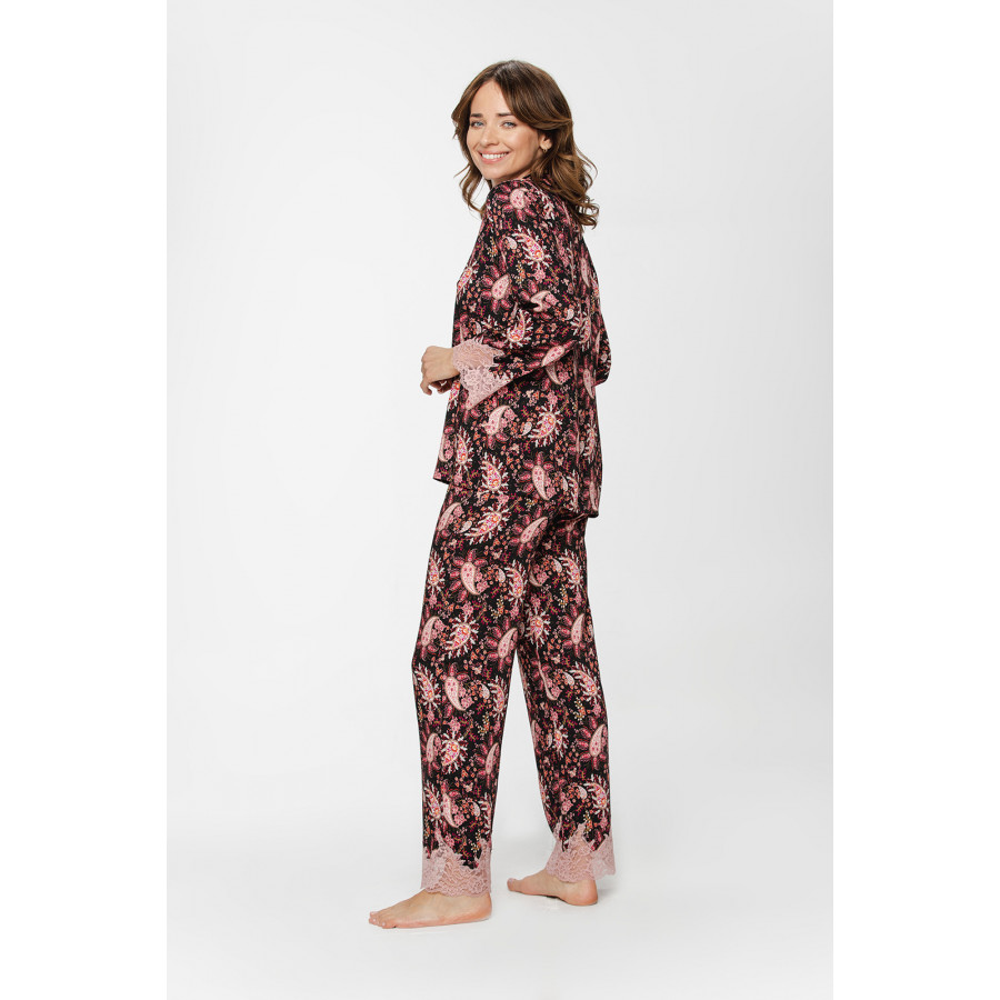 Pyjamas with a nightshirt-style, button-up top in silky viscose, a paisley print and matching lace - XS to XXL - Coemi-Lingerie