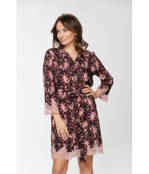 Nachthemd / Hauskleid im Tunika-Stil aus Viskose mit Kaschmir-Print und farblich abgestimmter Spitze - XS to XXL