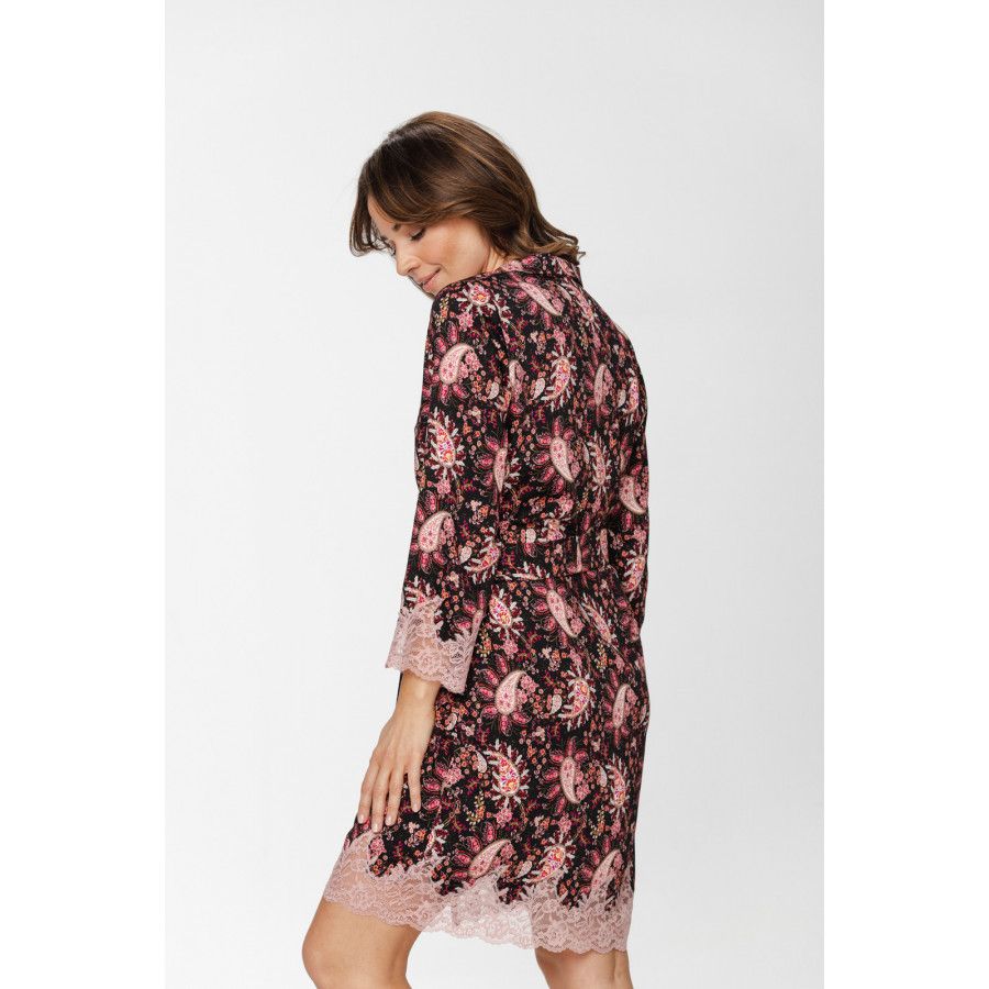 Nachthemd / Hauskleid im Tunika-Stil aus Viskose mit Kaschmir-Print und farblich abgestimmter Spitze - XS to XXL