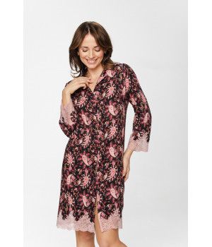 Nachthemd / Hauskleid im Tunika-Stil aus Viskose mit Kaschmir-Print und farblich abgestimmter Spitze - XS to XXL
