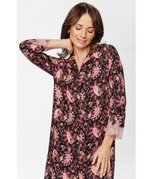 Nachthemd / Hauskleid im Tunika-Stil aus Viskose mit Kaschmir-Print und farblich abgestimmter Spitze - XS to XXL