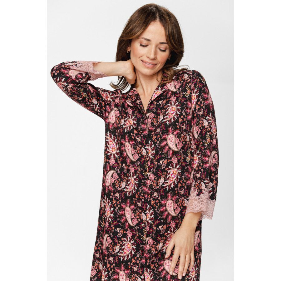 Nachthemd / Hauskleid im Tunika-Stil aus Viskose mit Kaschmir-Print und farblich abgestimmter Spitze - XS to XXL