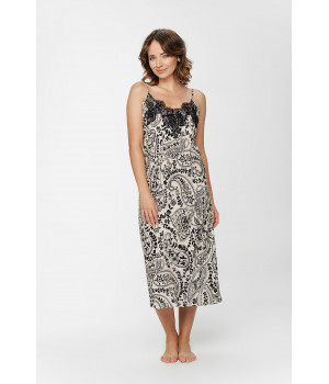 Long viscose nightdress with thin straps, paisley print and black lace