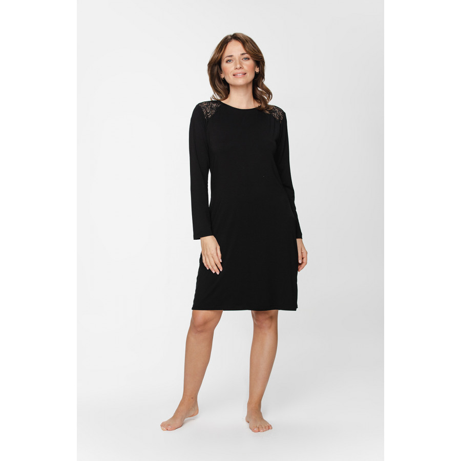 Tunic-style micromodal nightdress with long sleeves and a round neck, V-neckline at the back, fastened by a ribbon - XS to 5XL