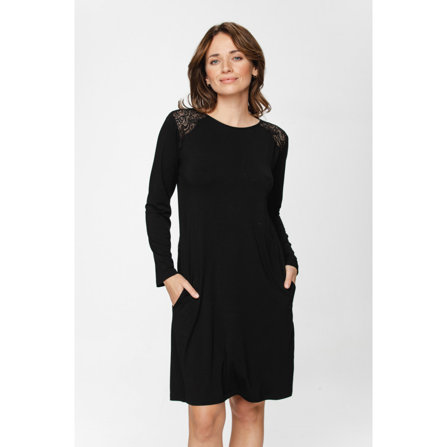 Tunic-style micromodal nightdress with long sleeves and a round neck, V-neckline at the back, fastened by a ribbon - XS to 5XL