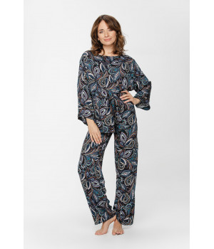 Hausanzug / Pyjama aus Viskose mit Kaschmir-Print, Bluse mit Taillengürtel und weite Hose - XS to 5XL - Coemi-lingerie