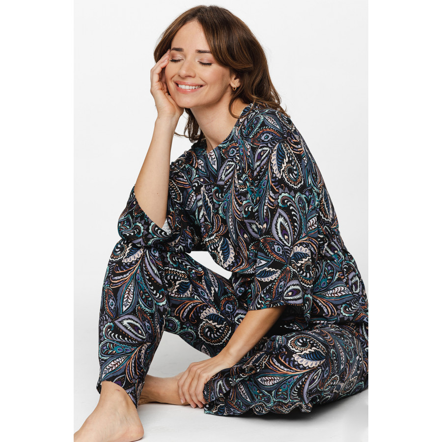 Hausanzug / Pyjama aus Viskose mit Kaschmir-Print, Bluse mit Taillengürtel und weite Hose - XS to 5XL - Coemi-lingerie