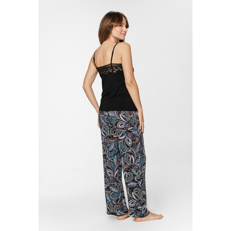 Zweiteiliger Pyjama, schwarzes Trägertop und weite Hose aus Viskose mit Kaschmir-Print - XS to XXL - Coemi-Lingerie