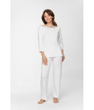 Pyjamas, top with slash neck and lace, three-quarter-length sleeves and straight-cut, flowing bottoms