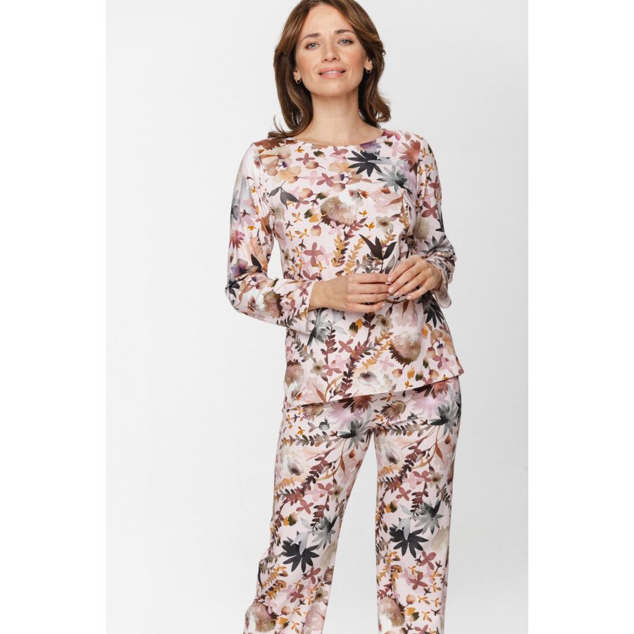 Zweiteiliger Pyjama aus Viskose und Elasthan mit Blätter-Print, Oberteil mit Rundhalsausschnitt und langen Ärmeln - XS to XXL