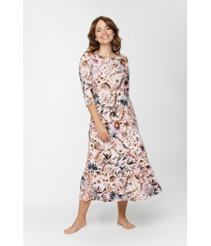 Long nightdress/lounge robe in a leaf print with three-quarter-length sleeves and a flared skirt with a ruffle