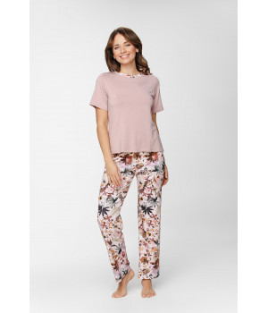 Zweiteiliger Pyjama, kurzärmeliges T-Shirt mit Rundhalsausschnitt und Hose mit Blätter-Print - XS to XXL - Coemi-Lingerie